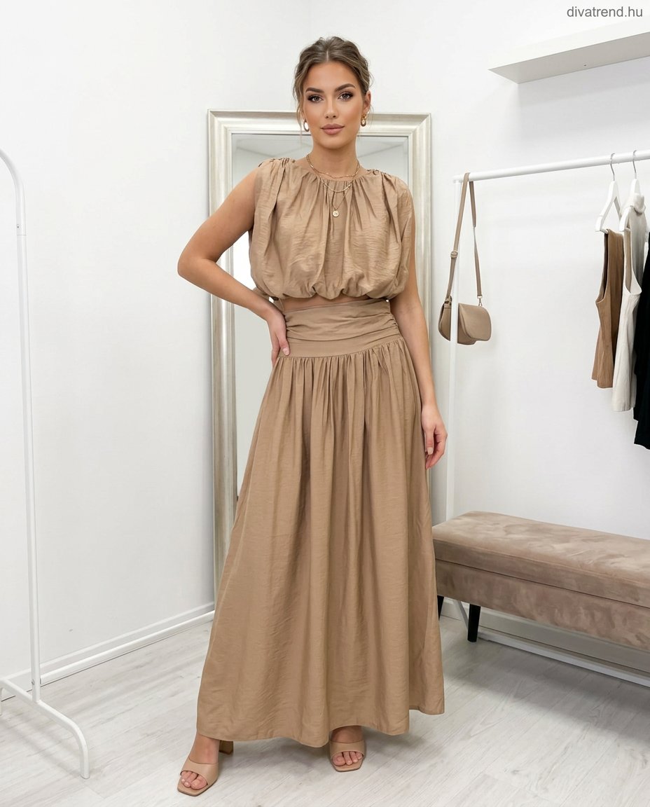 barna elegáns viszkóz nyári női szett, buggyos crop top és maxi szoknya