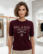 bordó strasszos Milano feliratos rövid ujjú női viszkóz pulóver