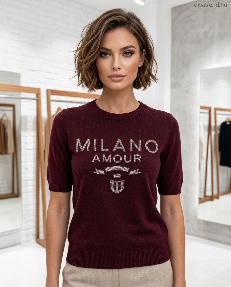 bordó strasszos Milano feliratos rövid ujjú női viszkóz pulóver