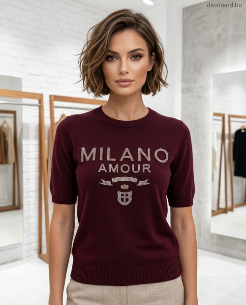 bordó strasszos Milano feliratos rövid ujjú női viszkóz pulóver