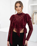 bordó fodros megkötős csipke crop top, hosszú ujjú