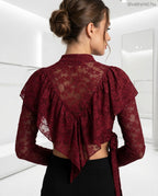 fodros megkötős csipke crop top, hosszú ujjú hátulról