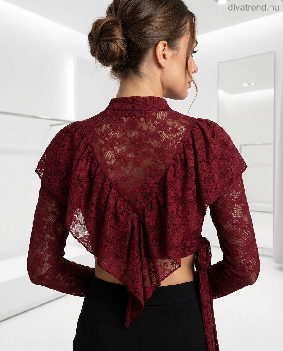 fodros megkötős csipke crop top, hosszú ujjú hátulról