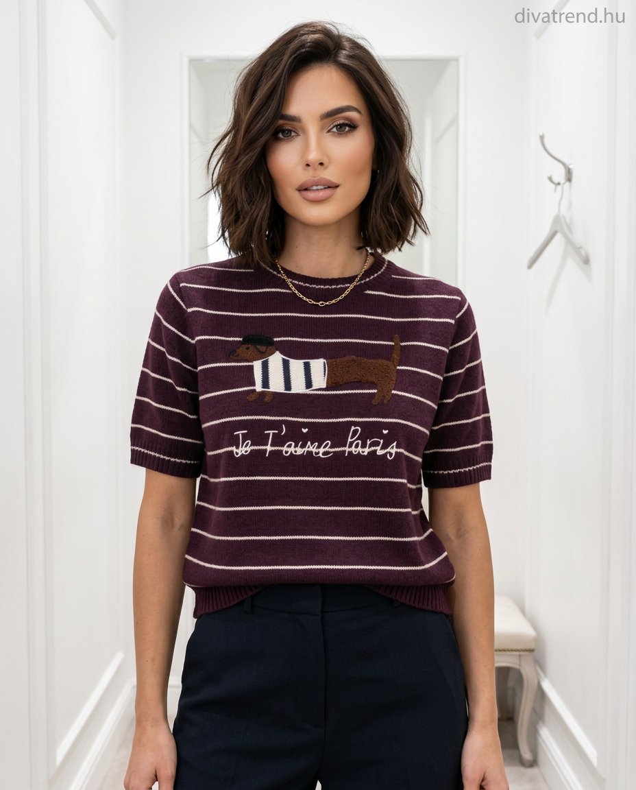 lila csíkos kötött női viszkóz póló, Paris, kutya