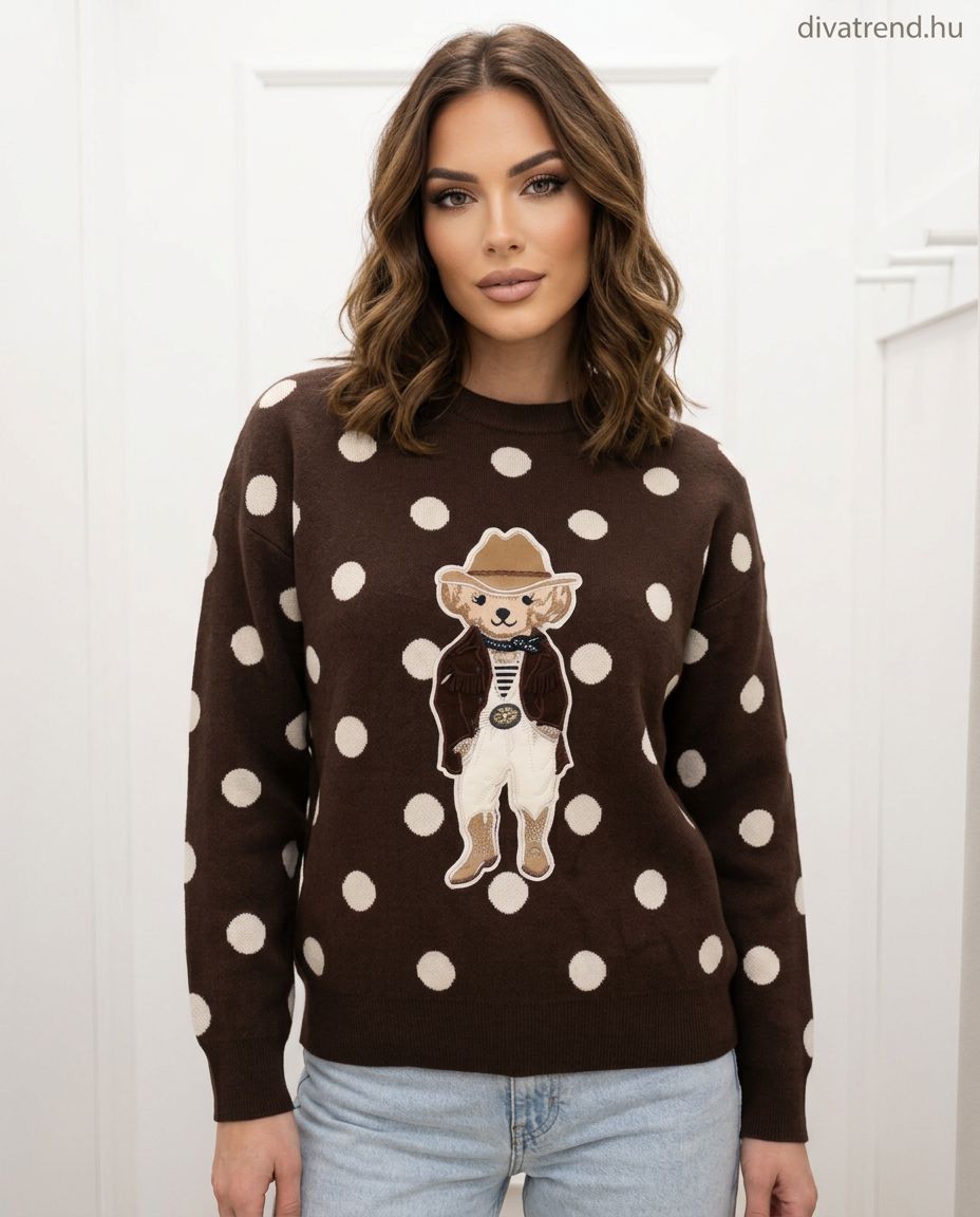 barna sötét pöttyös női viszkóz pulóver, teddy bear