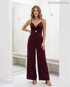 bordó női elegáns viszkóz overál, crop top és bőszárú nadrág