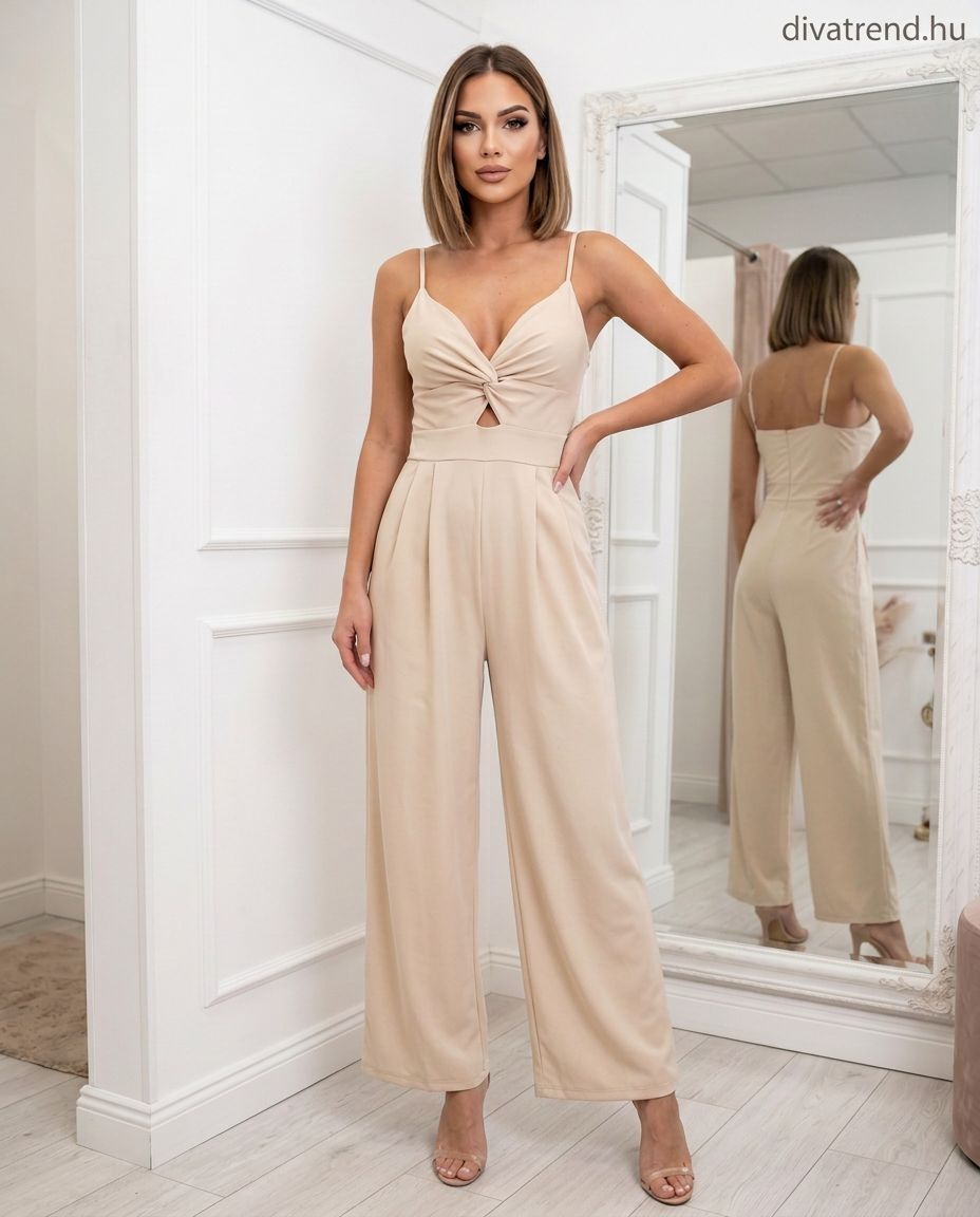 bézs női elegáns viszkóz overál, crop top és bőszárú nadrág