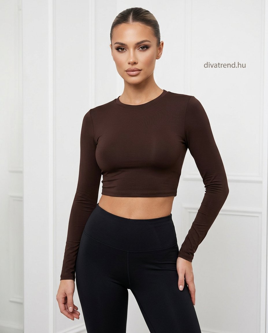 barna sötét hosszú ujjú testhezálló női viszkóz crop top