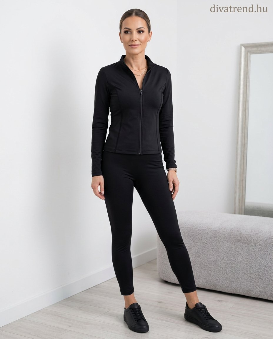 fekete sportos női szett cipzáras karcsúsított felső és leggings
