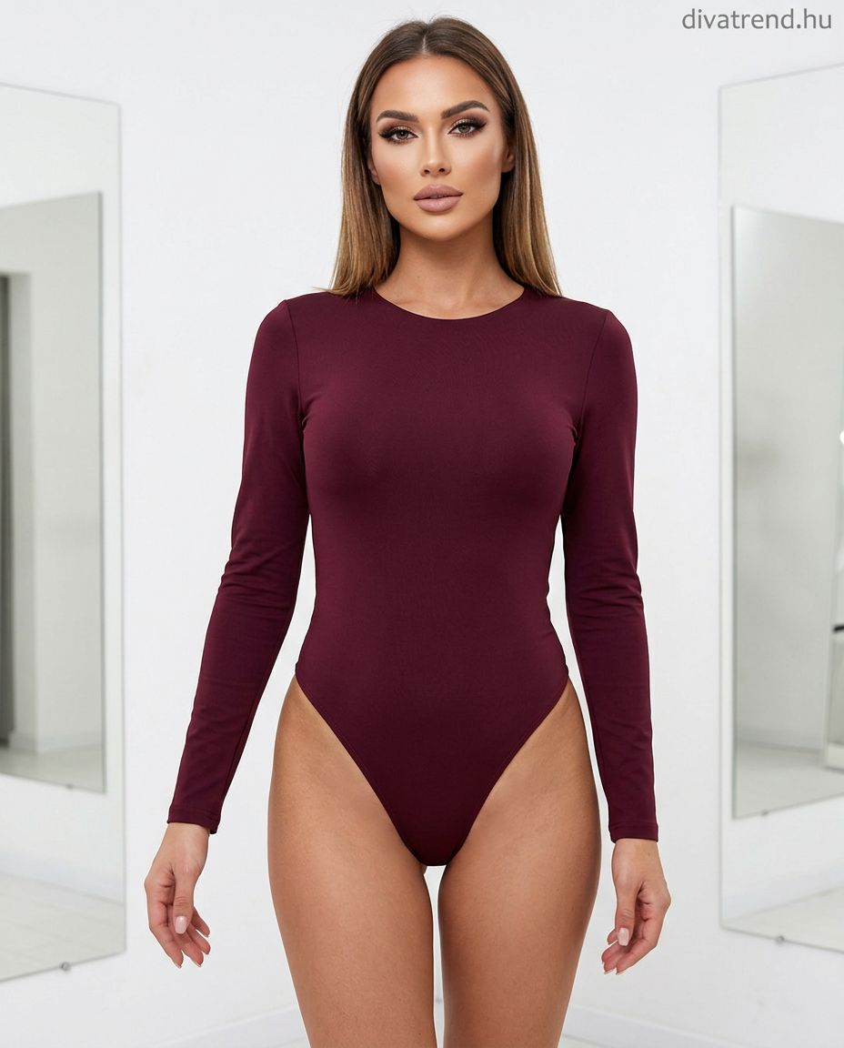 bordó hosszú ujjú női body, kerek nyakú