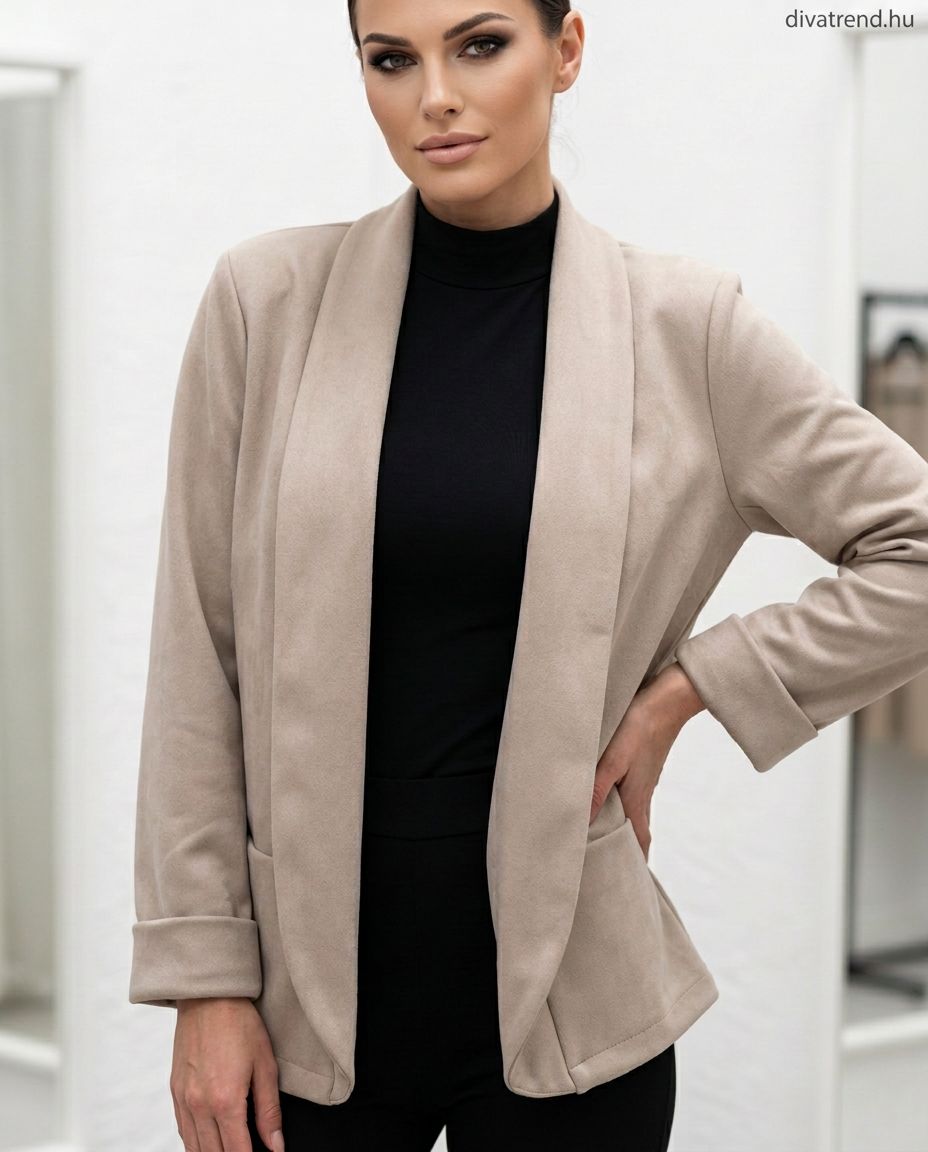 bézs velúr hatású női blézer sálgalléros, nyitott fazonú