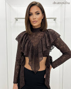 barna sötét fodros megkötős csipke crop top, hosszú ujjú
