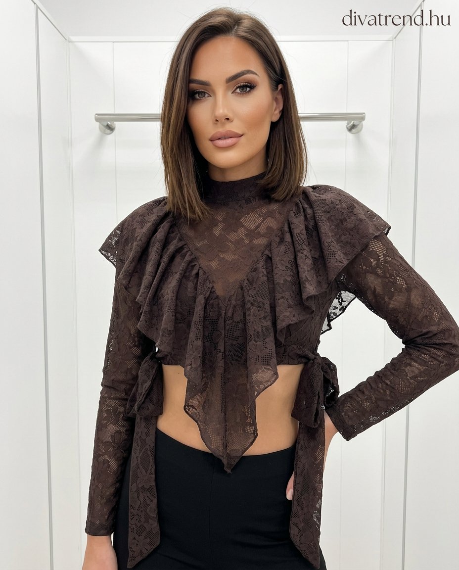 barna sötét fodros megkötős csipke crop top, hosszú ujjú
