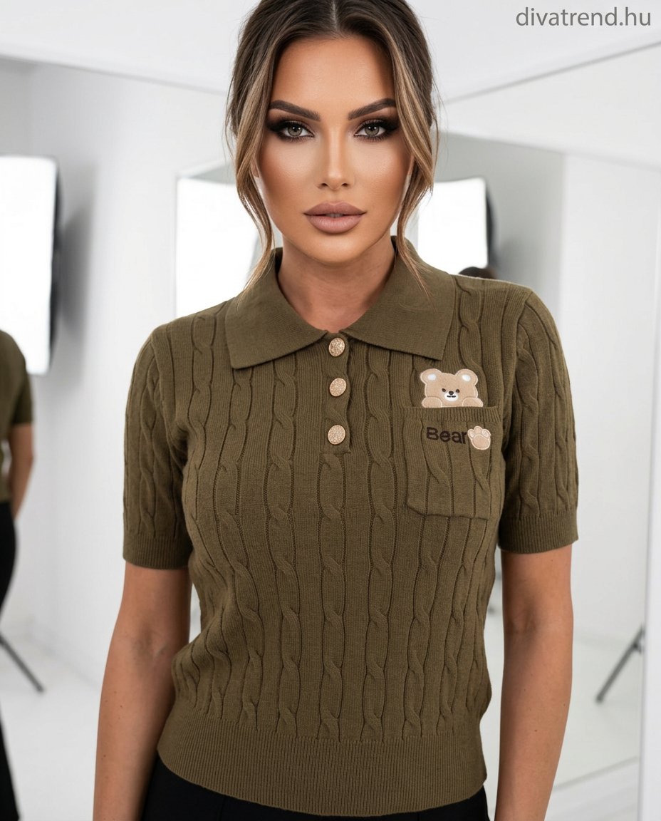 khaki Teddy Bear csavart kötött rövid ujjú női viszkóz pulóver