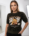 zöld sötét leopárd mintás rövid ujjú pulóver, Teddy Bear