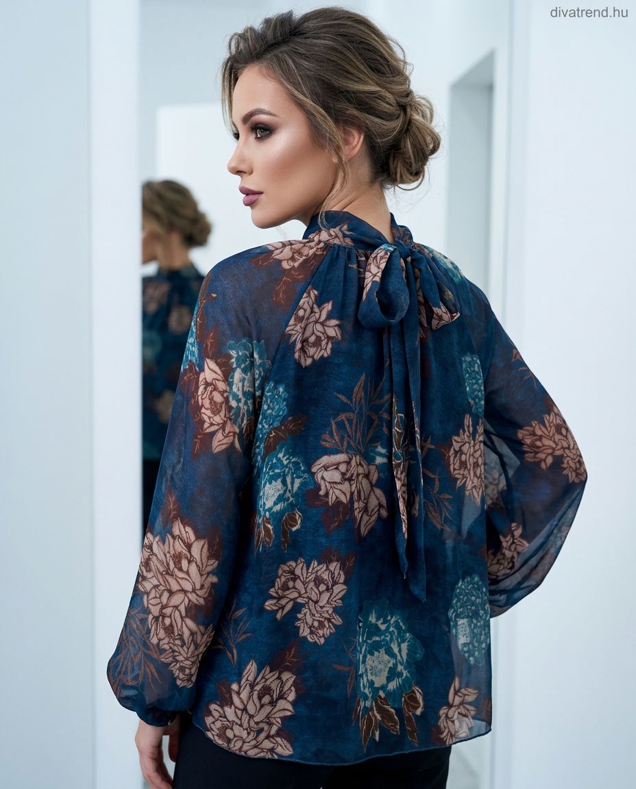 virágmintás fodros chiffon blúz, masnis hátú hátulról