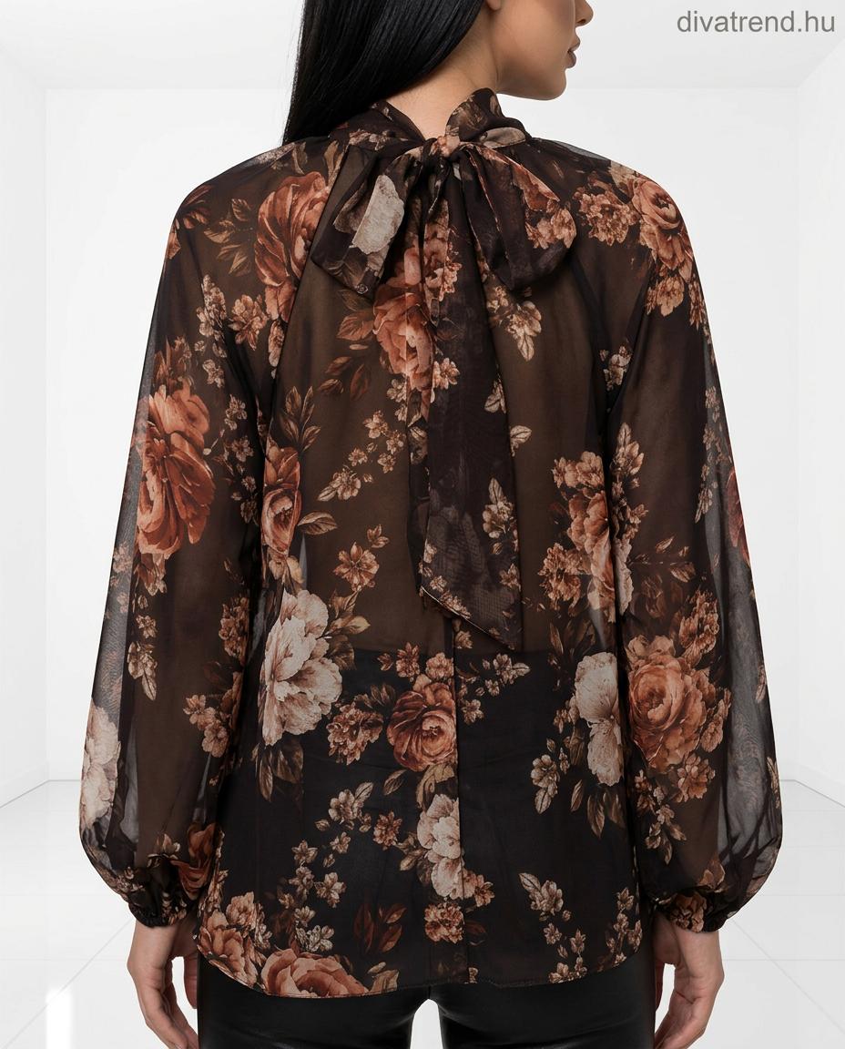 virágmintás fodros chiffon blúz, masnis hátú hátulról
