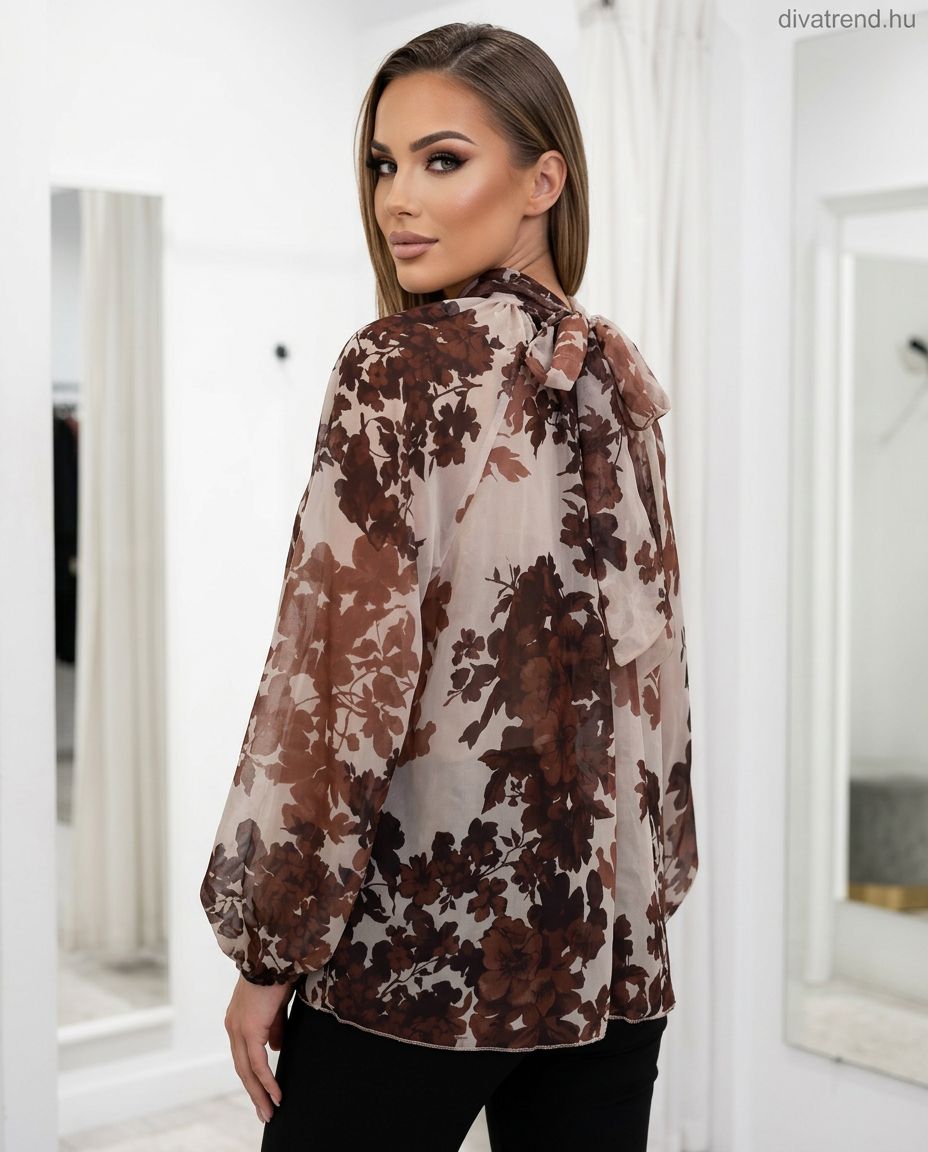 virágmintás fodros chiffon blúz, masnis hátú hátulról