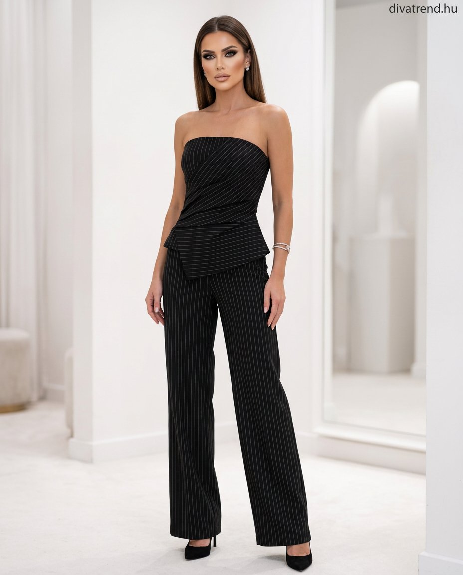 fekete Tűcsíkos elegáns női szett, pánt nélküli top és egyenes szárú nadrág