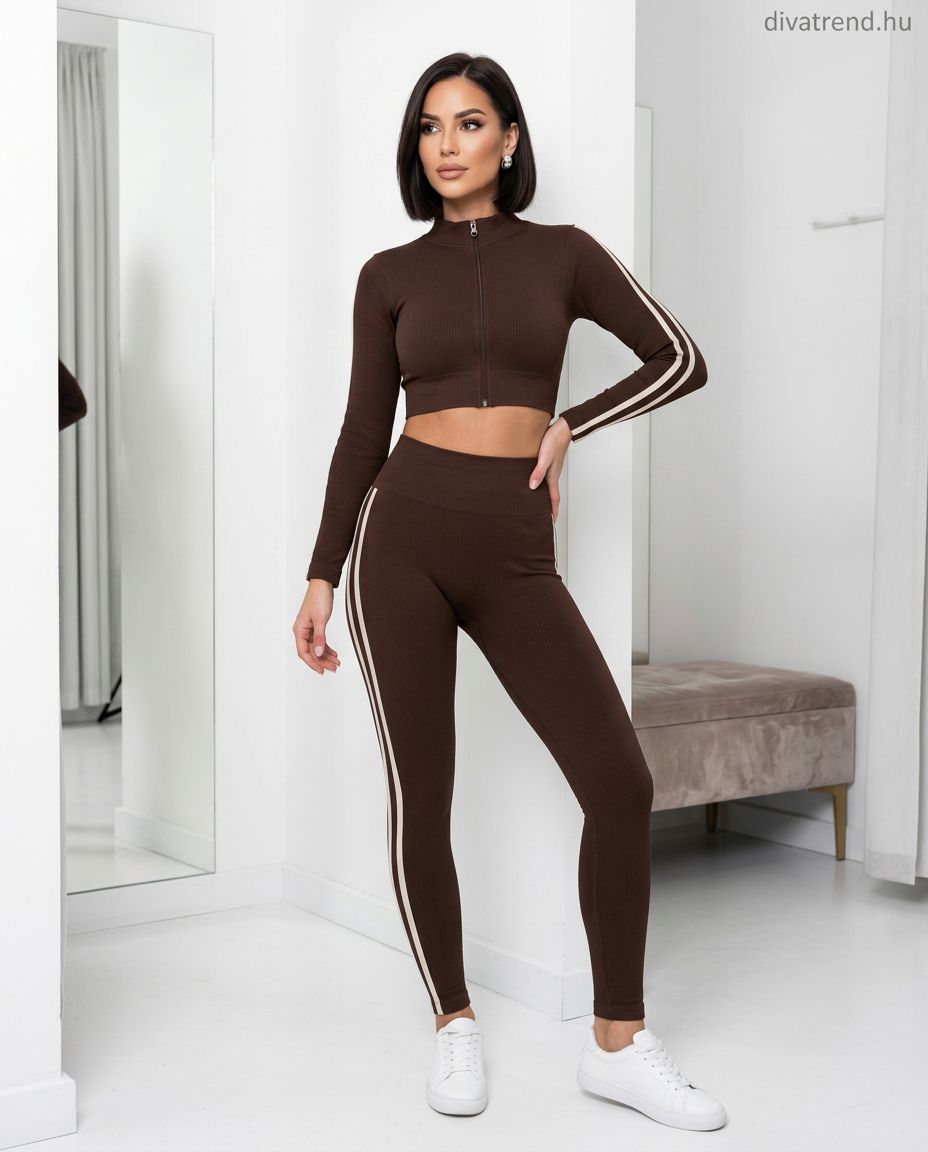 barna sportos csíkos női szett, cipzáras crop top és leggings