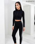 fekete sportos csíkos női szett, cipzáras crop top és leggings
