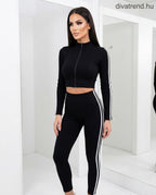 fekete sportos csíkos női szett, cipzáras crop top és leggings