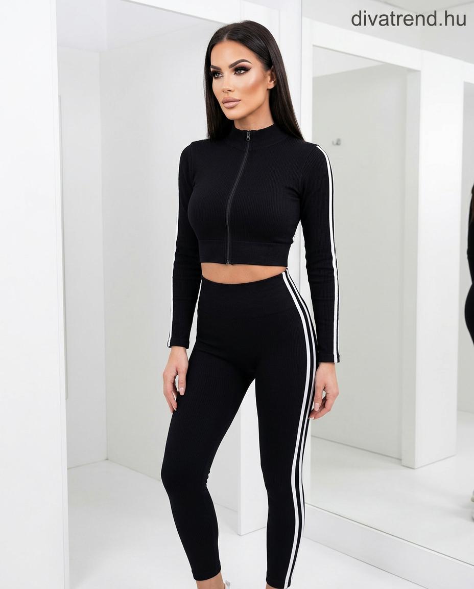 fekete sportos csíkos női szett, cipzáras crop top és leggings