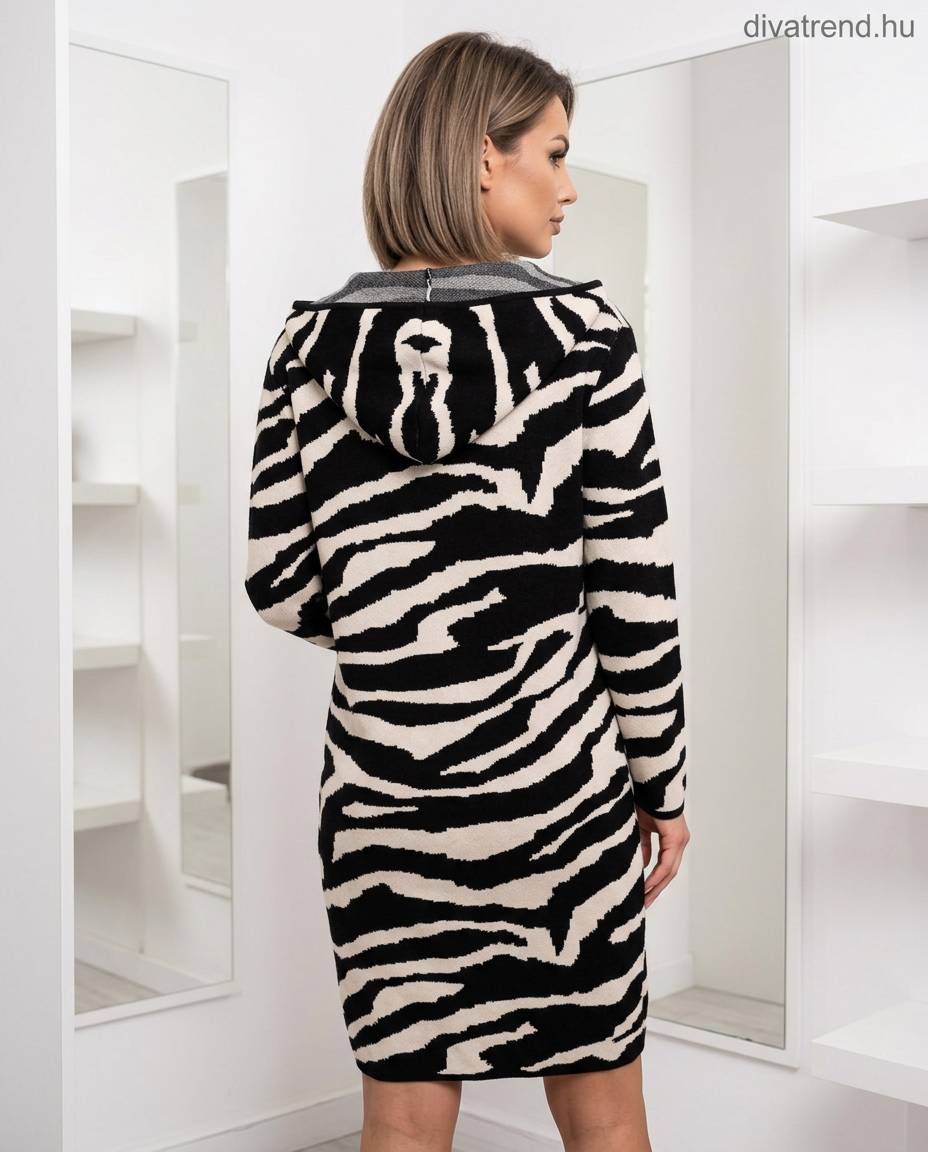 zebra mintás viszkóz kötött poncsó, kapucnis hátulról