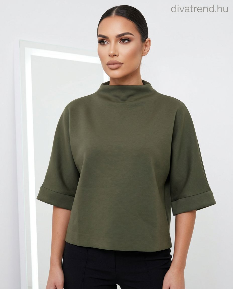 khaki ejtett vállú női felső, 3/4 kimonó ujjú