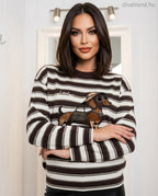 fehér barna sötét Csíkos női kötött pulóver – Kutyás mintás puha viszkóz pulóver