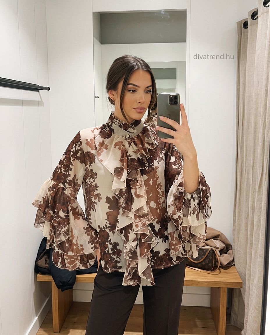 bézs Fodros virágmintás sifon blúz – Elegáns női blúz