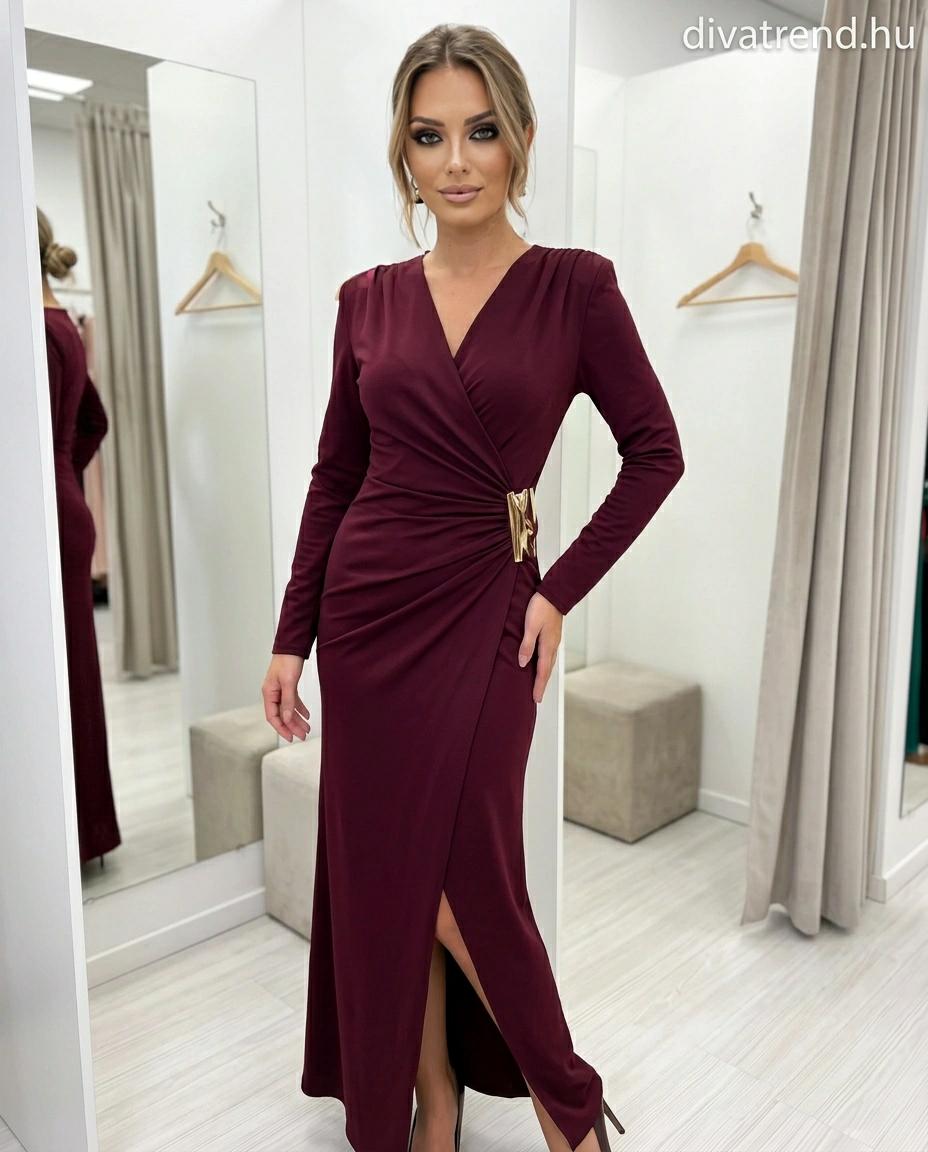 bordó Aranycsatos átlapolt női maxi ruha – Elegáns alkalmi ruha