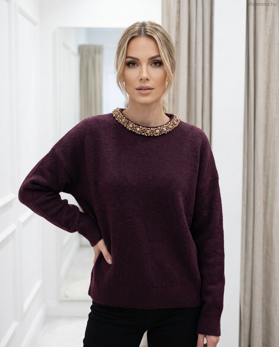 lila sötét Gyöngyös nyakú kötött női pulóver – Elegáns felső