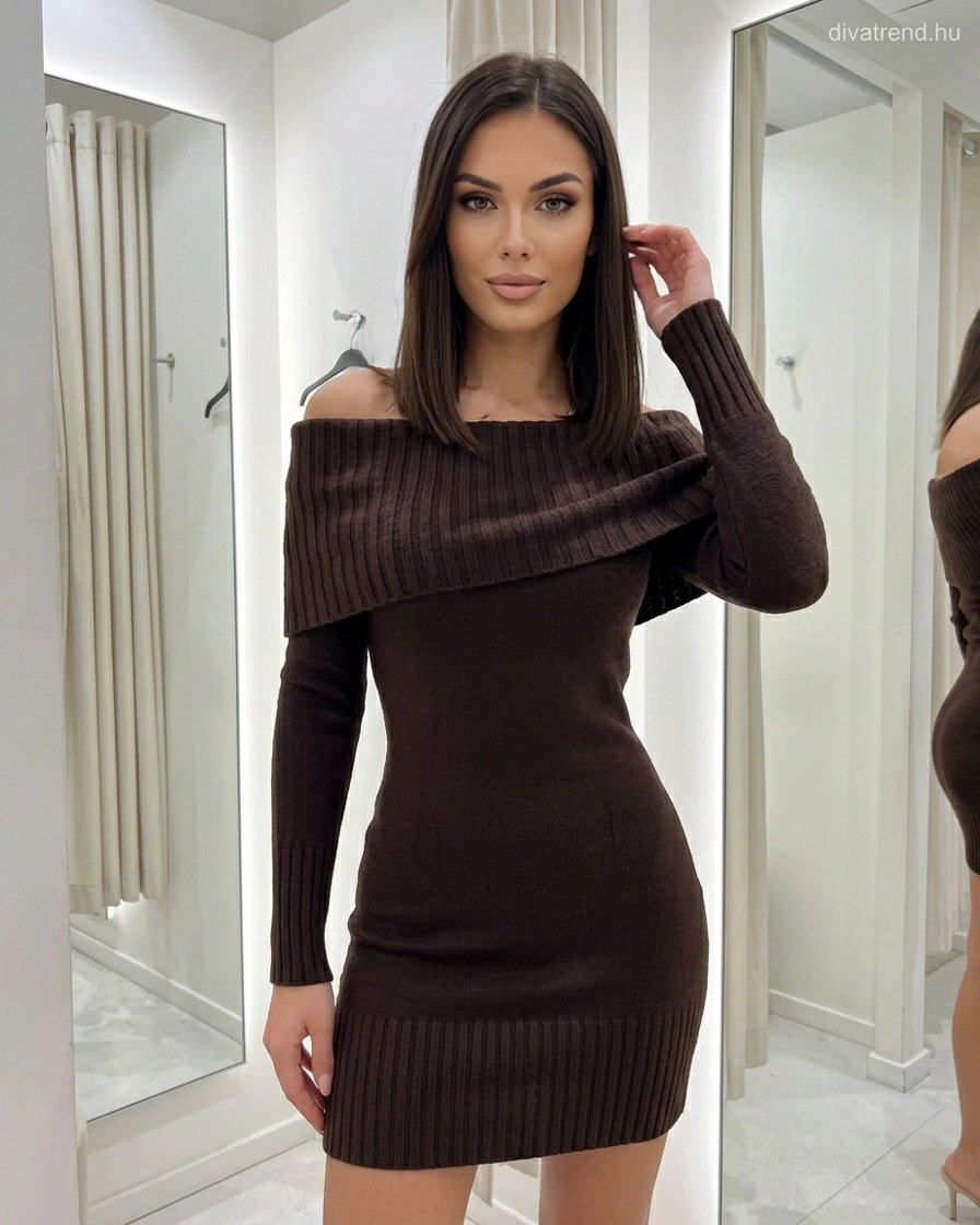 barna sötét Ejtett vállú kötött női mini ruha – Elegáns viszkóz kötött ruha