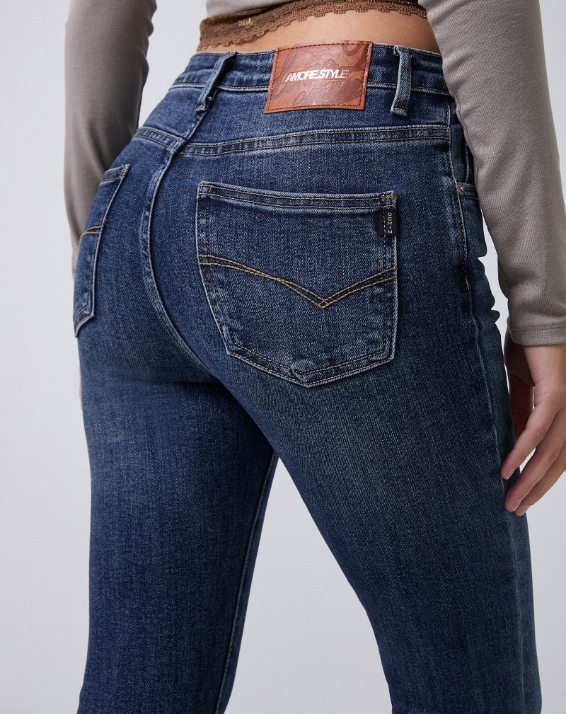 Magas derekú női skinny farmer – Sötétkék szűk farmernadrág hátulról