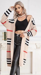 bézs női csíkos hosszú kardigán