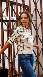 Zstudio női kockás kötött felső háromnegyedes ujjú magas nyakú