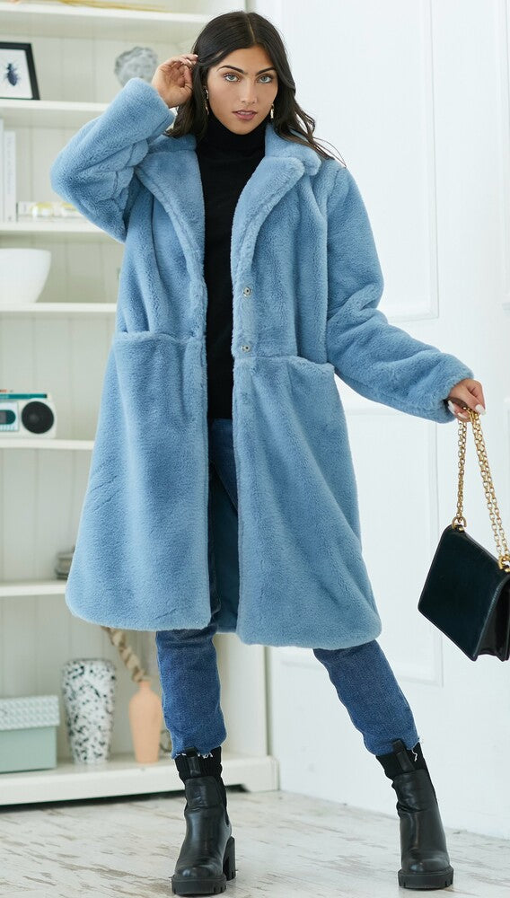 műszőrme kabát, hosszú, V-nyakú, kék