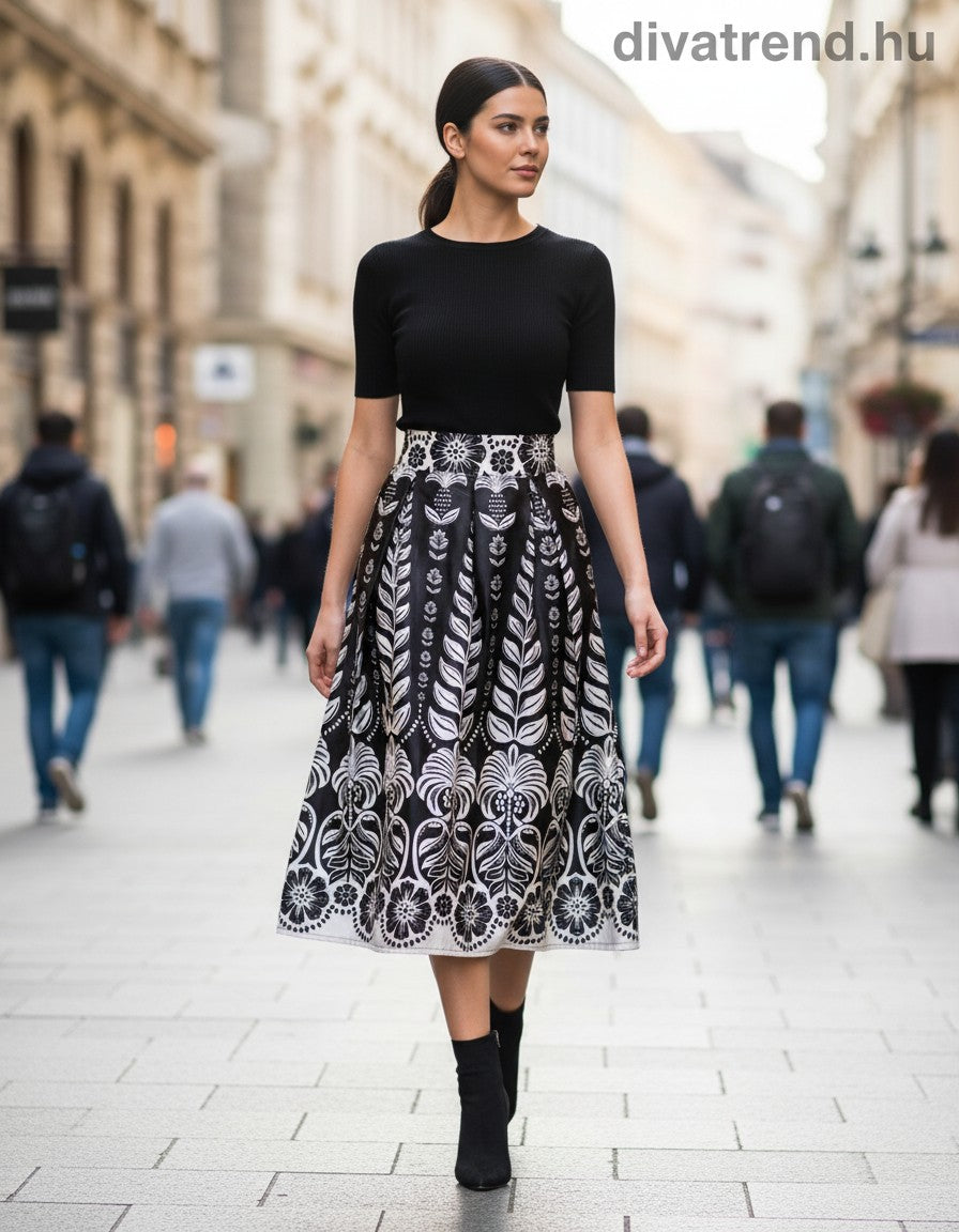 olasz női mintás szatén szoknya midi A vonalú