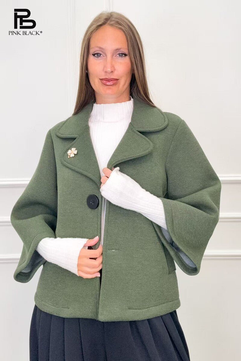 női rövid átmeneti kabát V-nyakú zöld