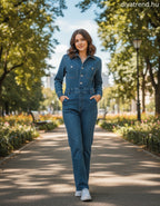 olasz női farmer overál hosszú ujjú hosszú V nyakú