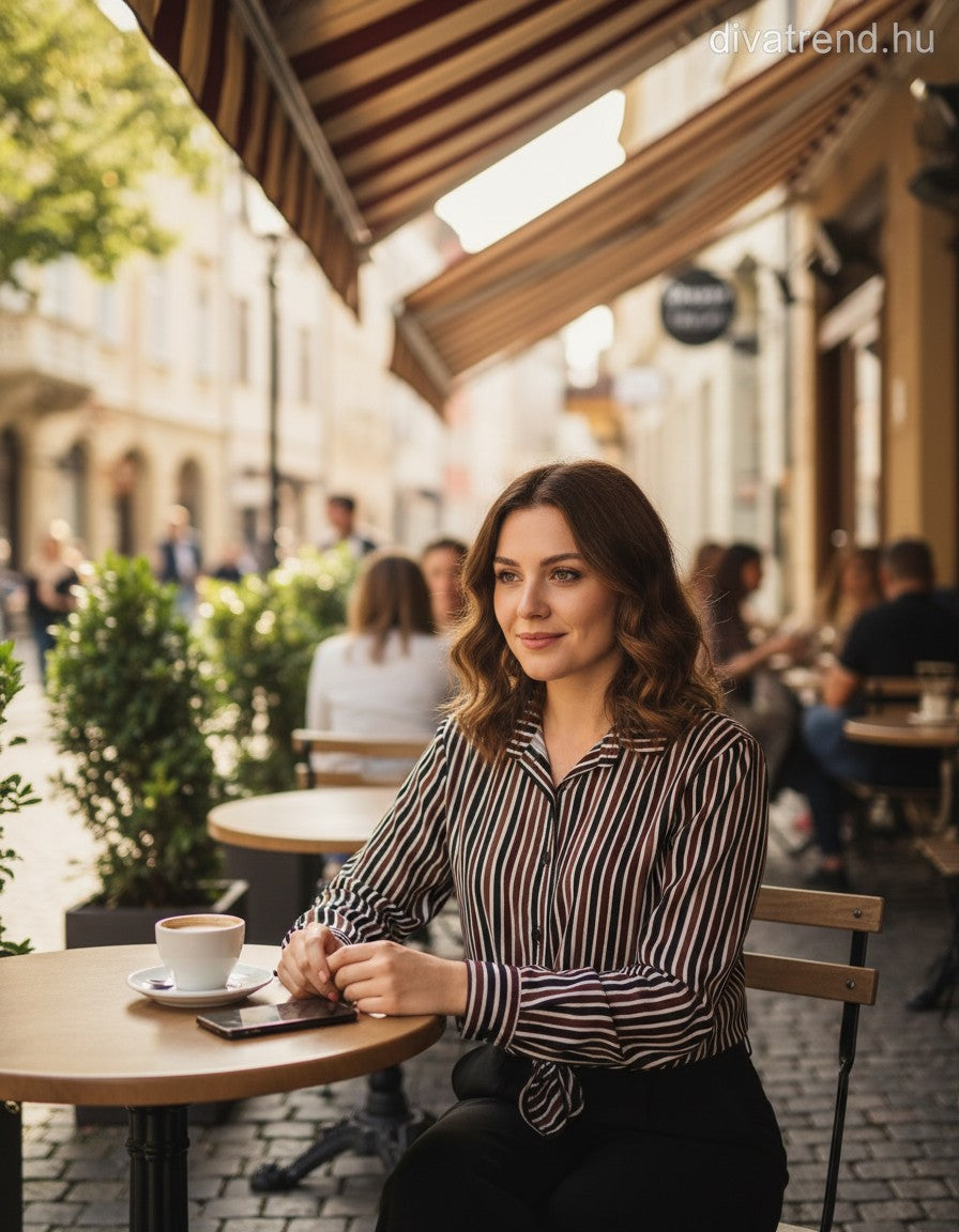 olasz női csíkos ing hosszú ujjú kerek nyakú
