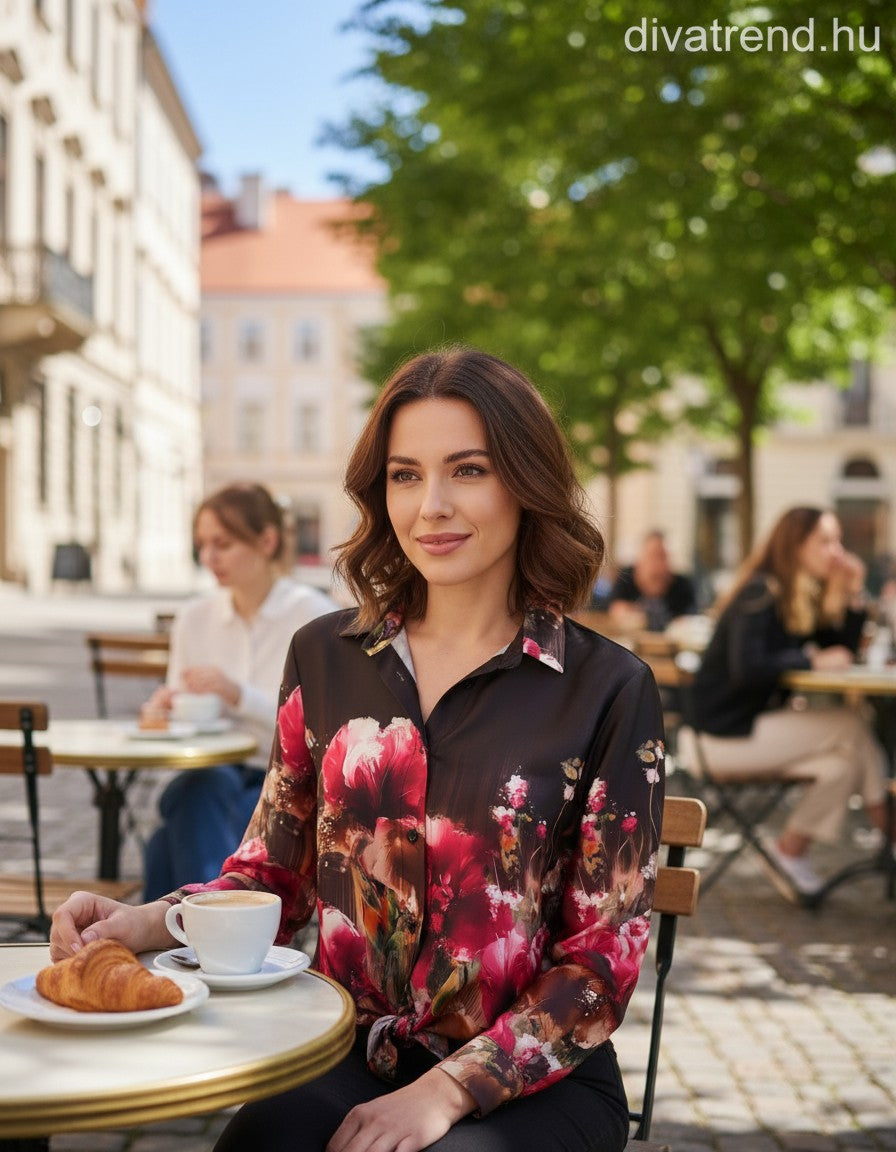 olasz női virág mintás ing hosszú ujjú kerek nyakú